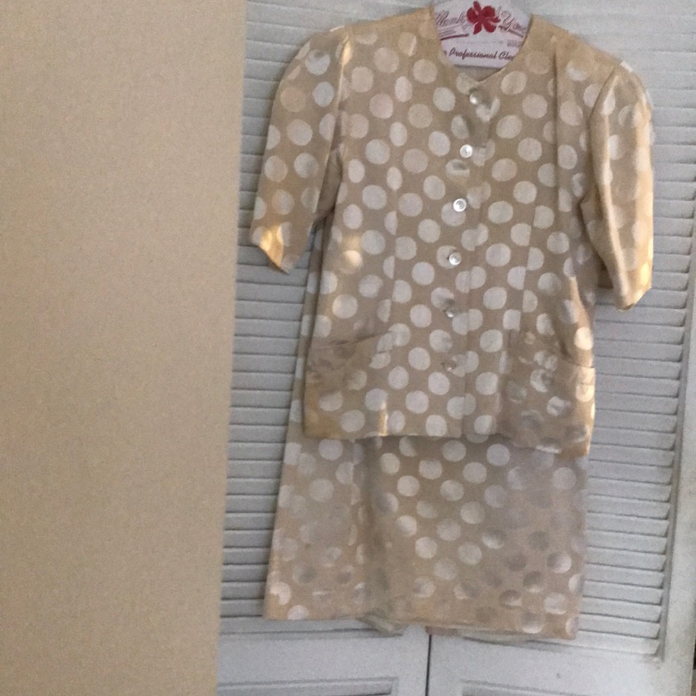 Designer 2 piece silk suit white with polka dots